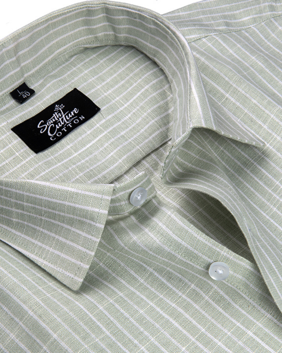 Pistachio Green Colour Cotton Shirt With Fine White Stripe