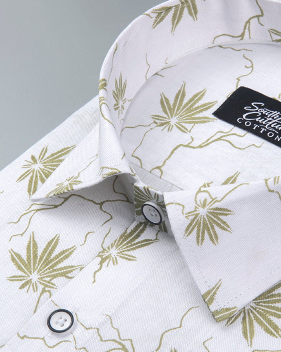 White Cotton Shirt with Olive Palm Leaf Print Men's Shirt