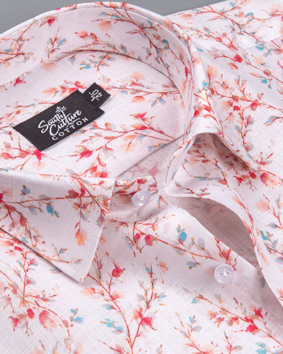 Italian Linen Pushpa Print Cream Pink Mix