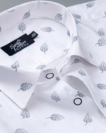 White Cotton Shirt with Elegant Grey Leaf Print Men's Shirt