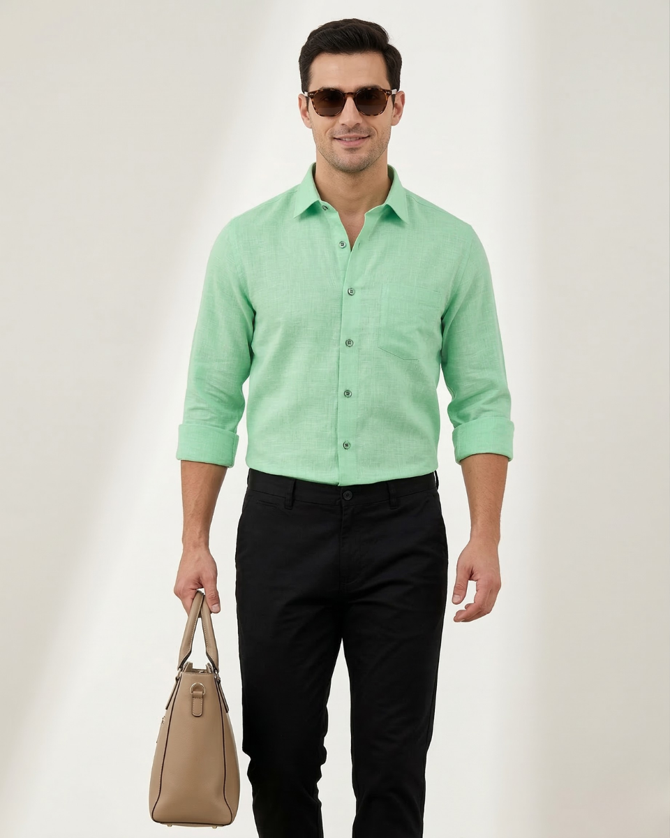 Premium Linen Blend Parrot Green Colour Men's Shirt