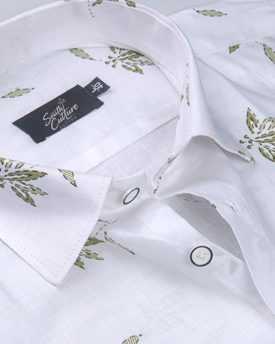 Turkey Linen White with Olive Green Big Leaf Print Men Shirt