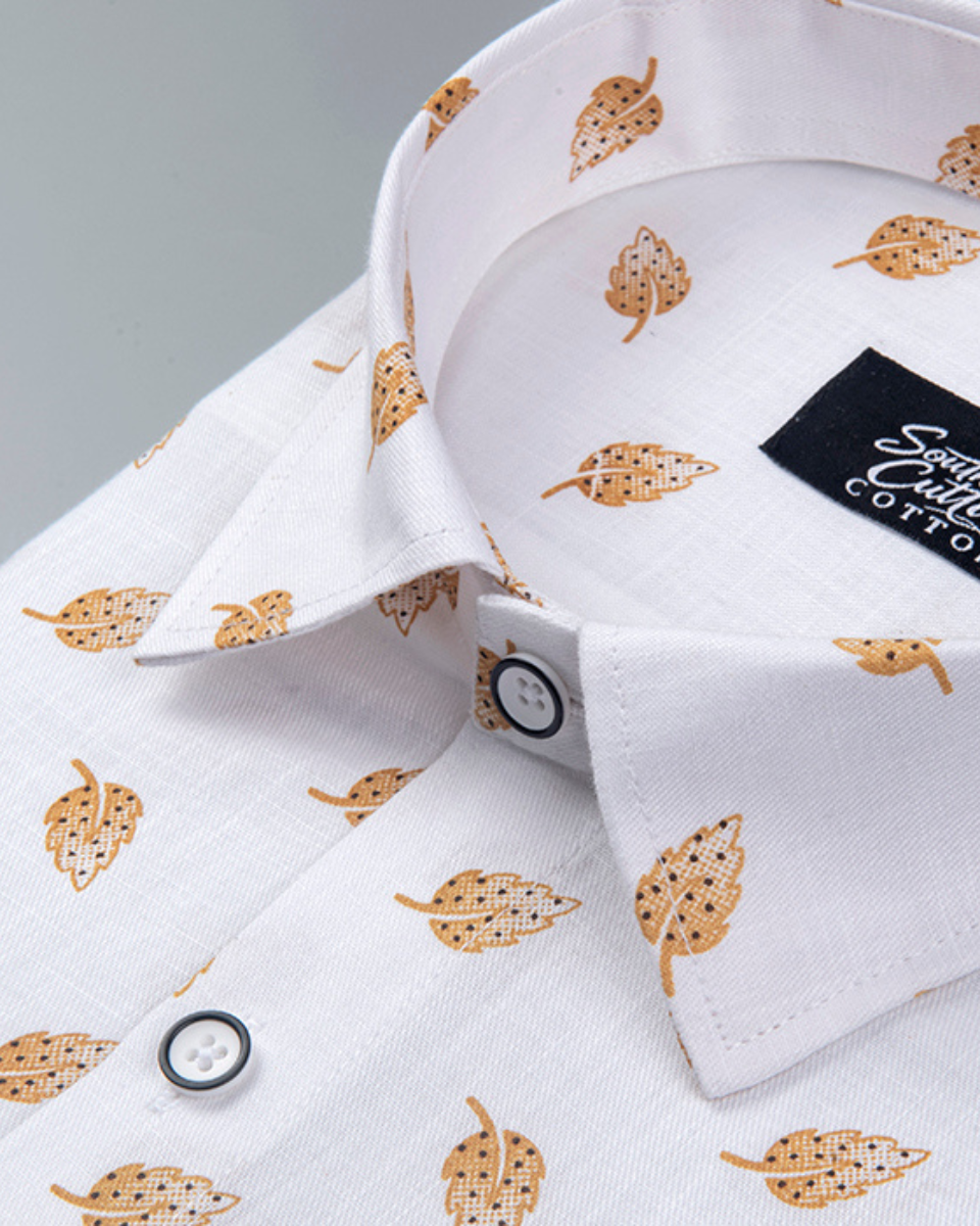 White Cotton Shirt with Mustard Leaf Print Men's Shirt