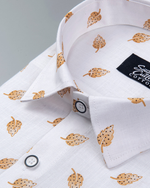 White Cotton Shirt with Mustard Leaf Print Men's Shirt