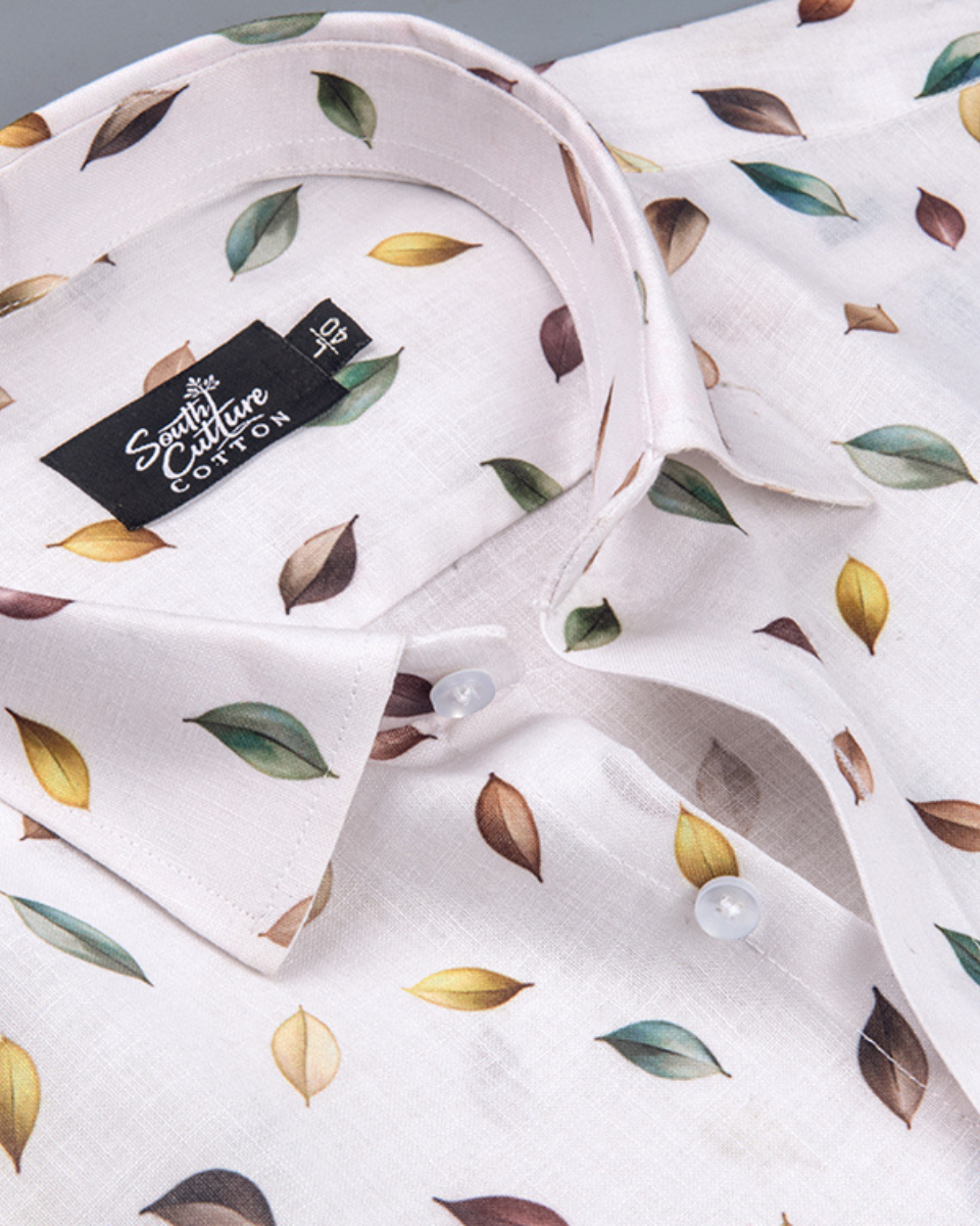 Italian Linen Dot Leaf Print Soft Cream Multi Mix