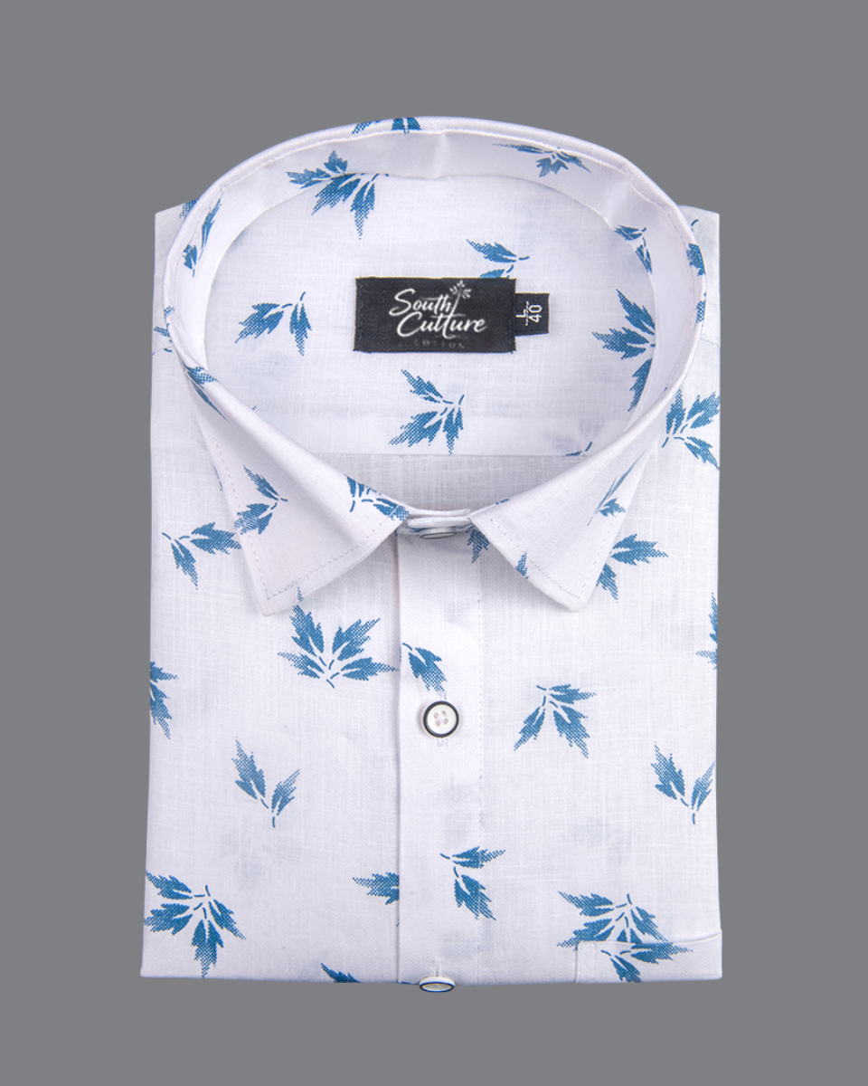 Turkey Linen White with Sky Leaf Print