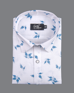 Turkey Linen White with Sky Leaf Print