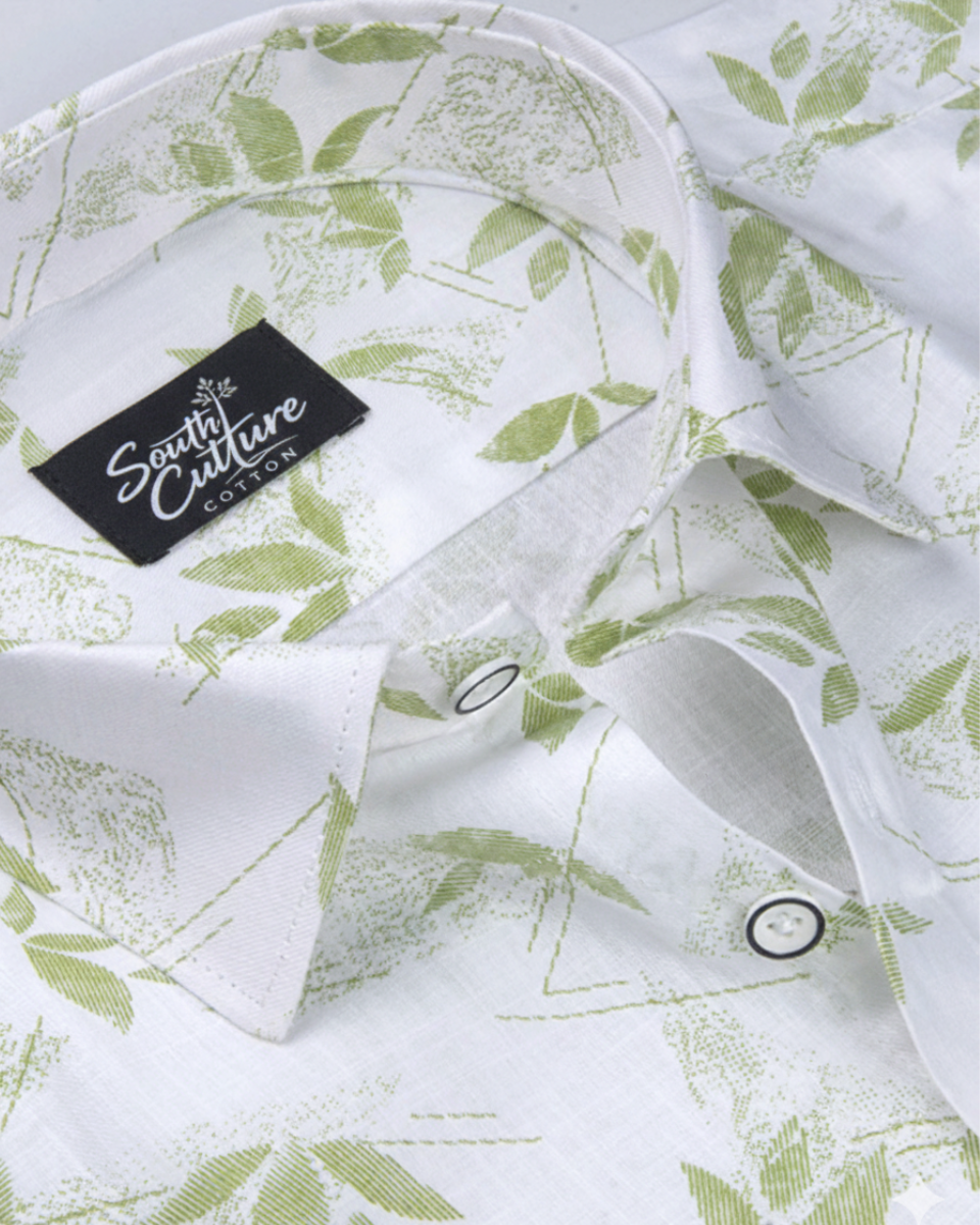 Turkey Linen in White with Spring Green Leaf Print
