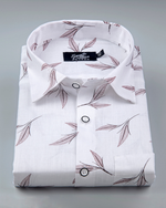 White Cotton Shirt With Brown Leaf Print Men's Shirt