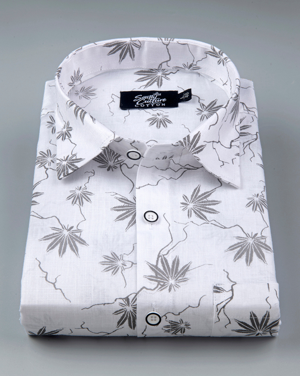 White Cotton Shirt with Grey Palm Leaf Print Men's Shirt
