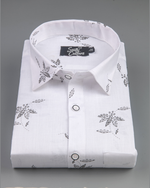 Turkey Linen White with Gray Big Leaf Print