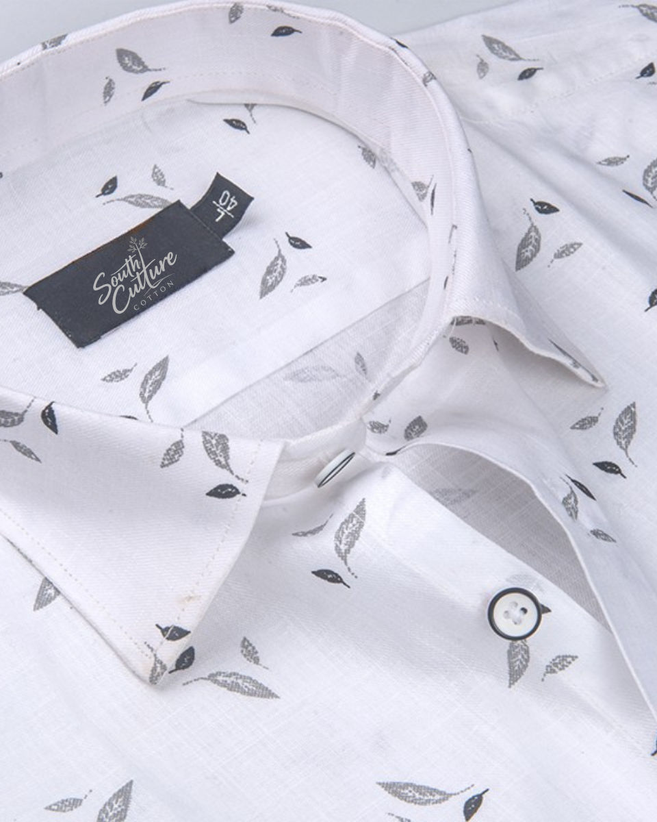 Turkey Linen White with Grey Leaf Print