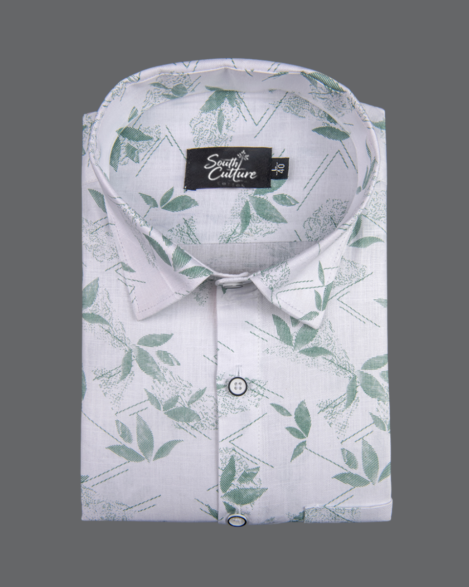 Turkey Linen in White with Sage Green Leaf Print