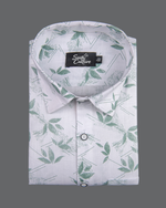 Turkey Linen in White with Sage Green Leaf Print