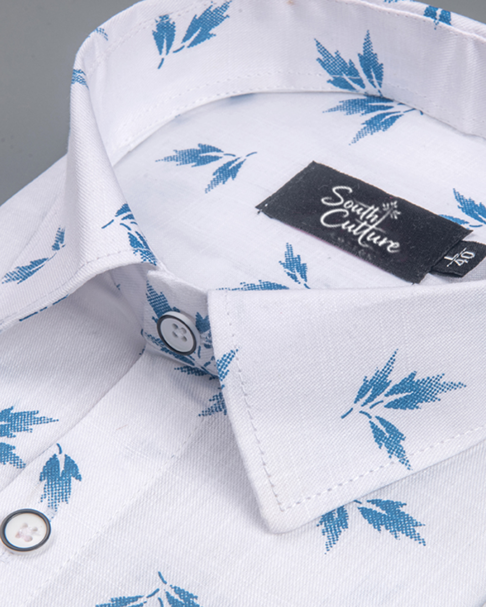 Turkey Linen White with Sky Leaf Print