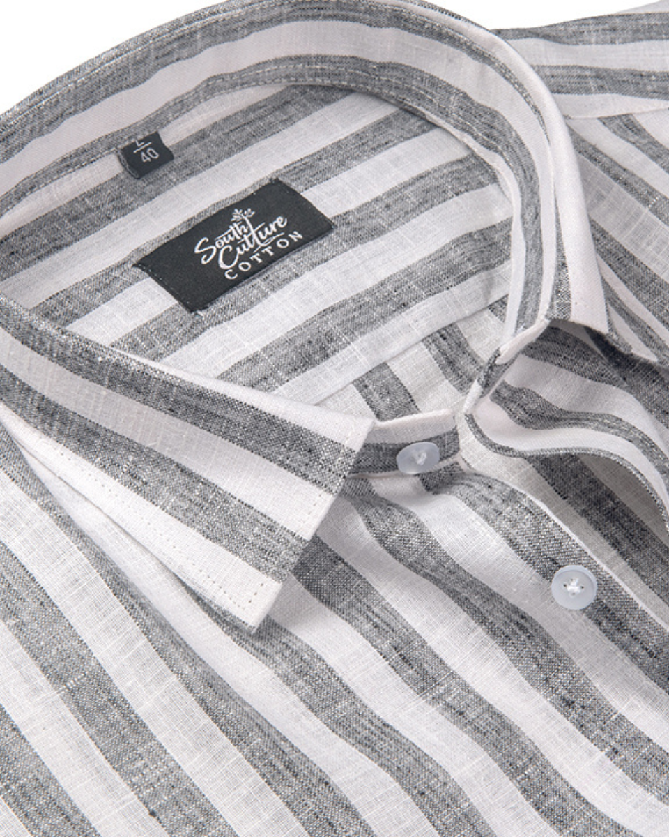 Linen White With Grey Colour Patta Print Shirt For Men