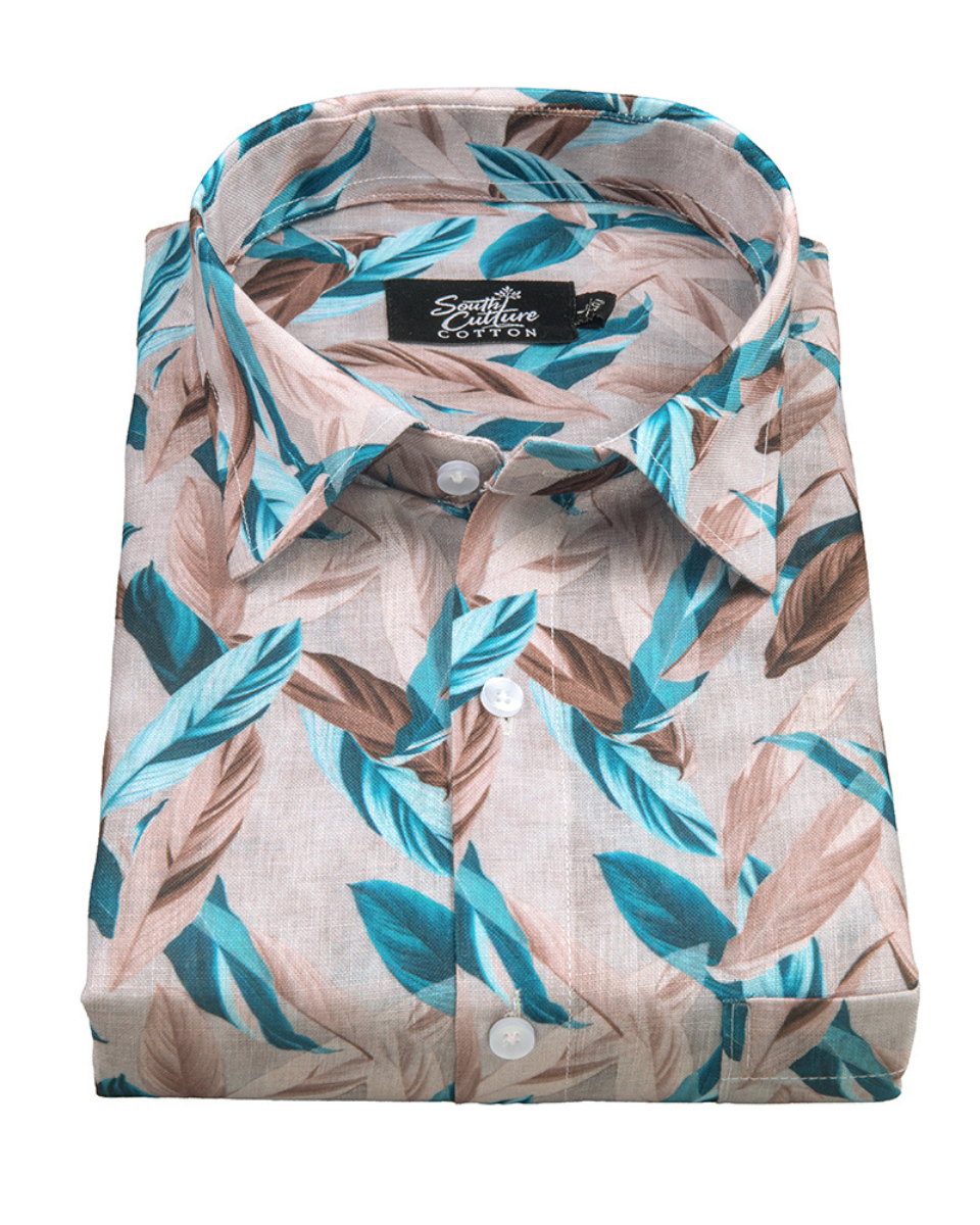 Italian Linen Multi Leaf Print Teal Blue Brown Mix