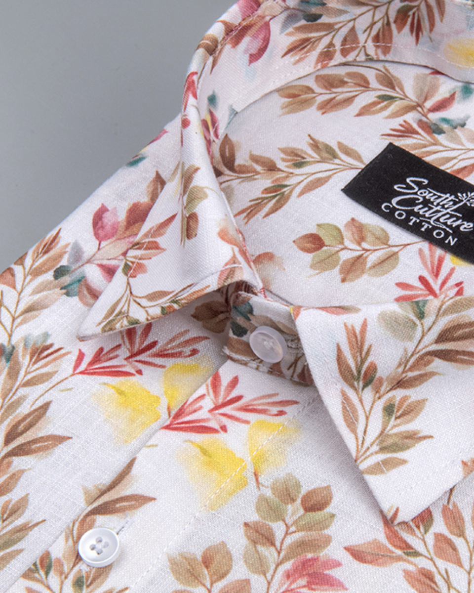 Italian Linen Floral Spring Print Yellow Rust Mix