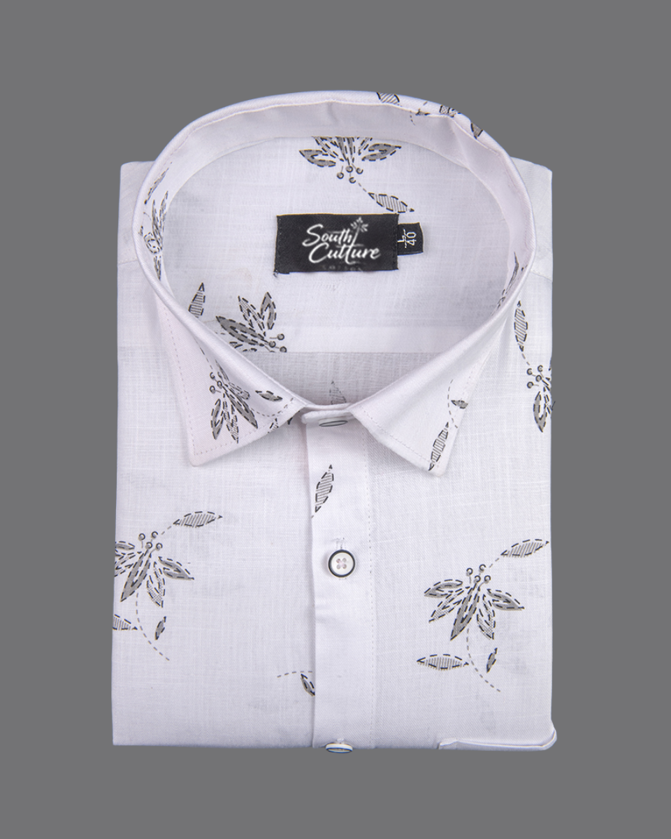 Turkey Linen White with Gray Big Leaf Print