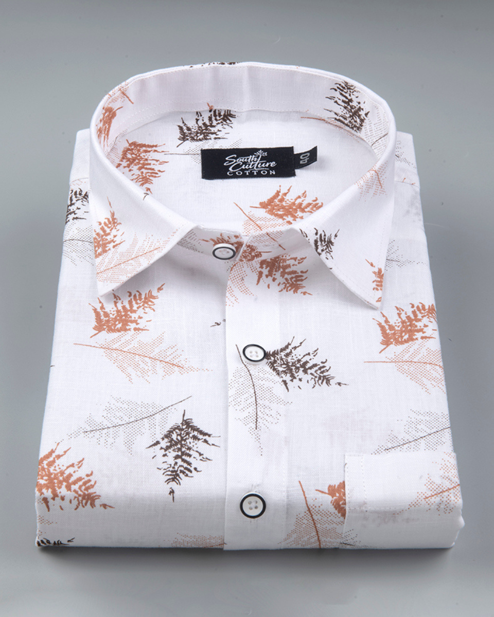 White Cotton Shirt with Rust & Brown Fern Print Men's Shirt