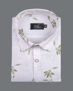 Turkey Linen White with Olive Green Big Leaf Print Men Shirt