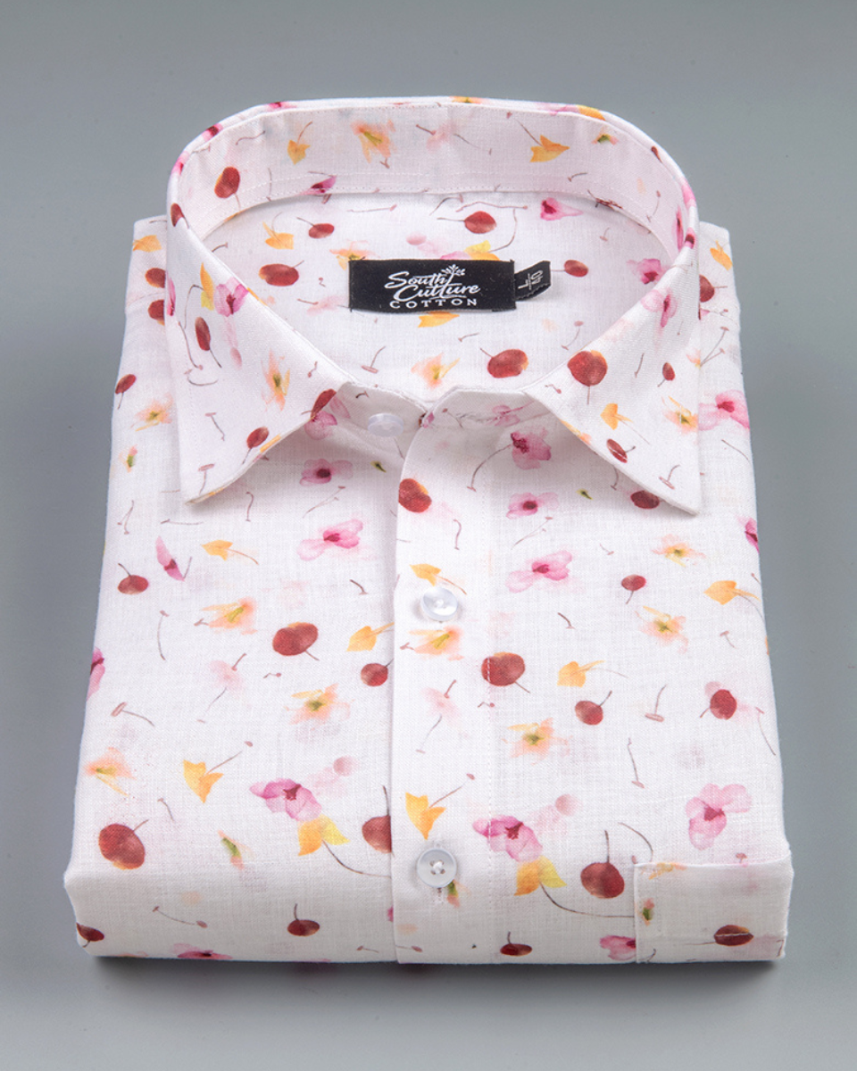 Italian Linen Floral Dots Print Cherry Red Yellow Mix