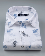 White Cotton Shirt with Blue and Black Fern Print Men's Shirt
