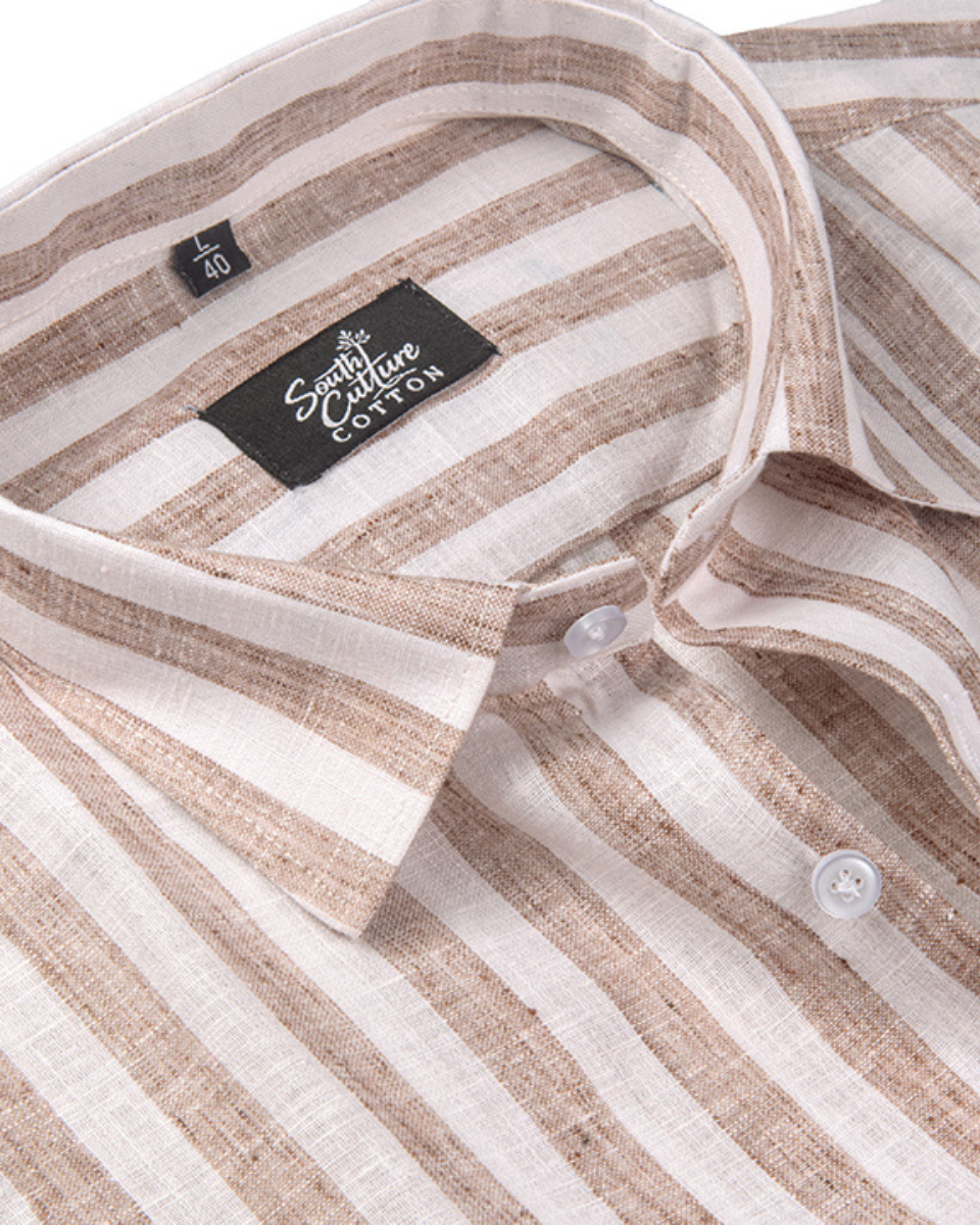 Linen White With Brown Colour Patta Print Shirt For Men