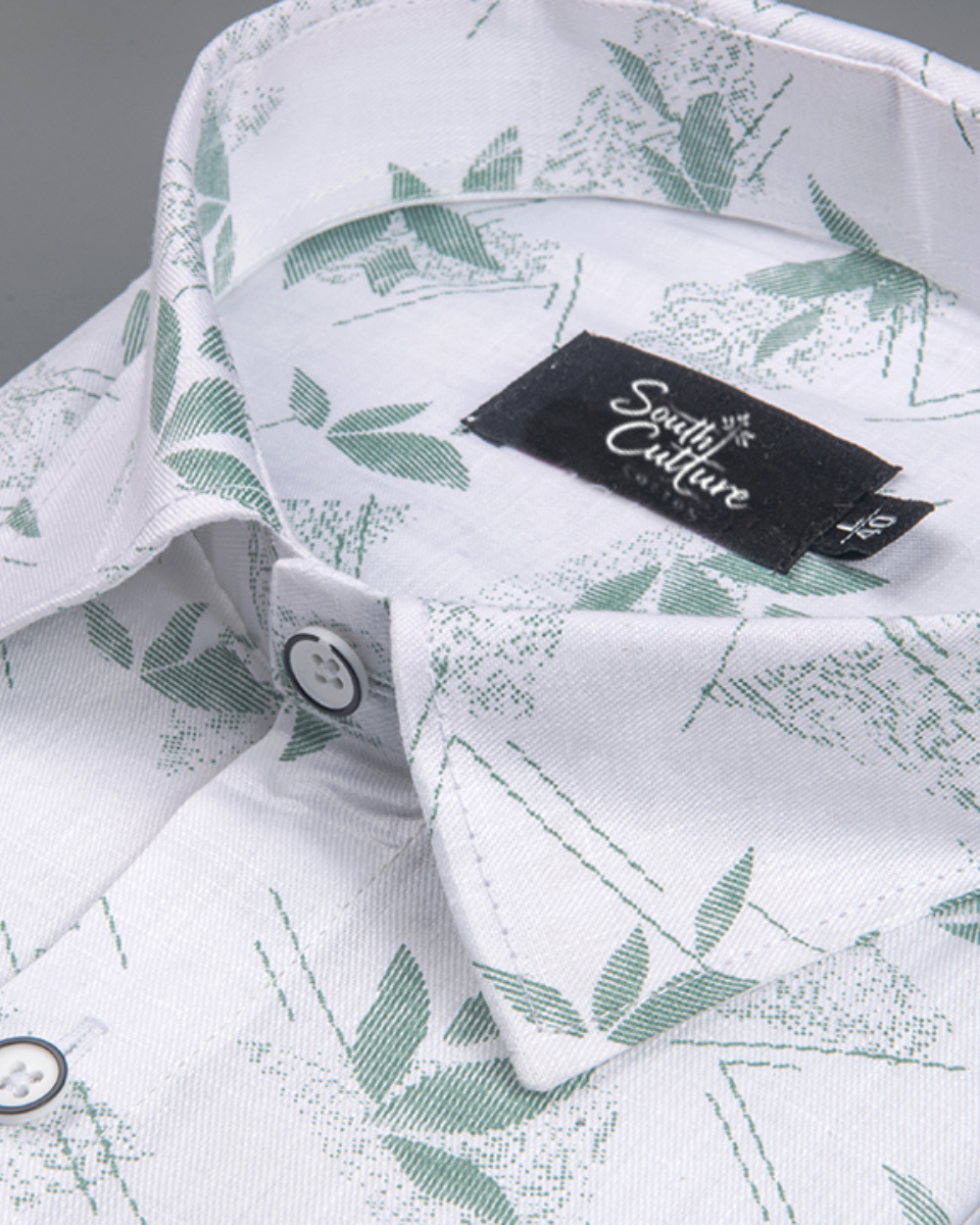 Turkey Linen in White with Sage Green Leaf Print