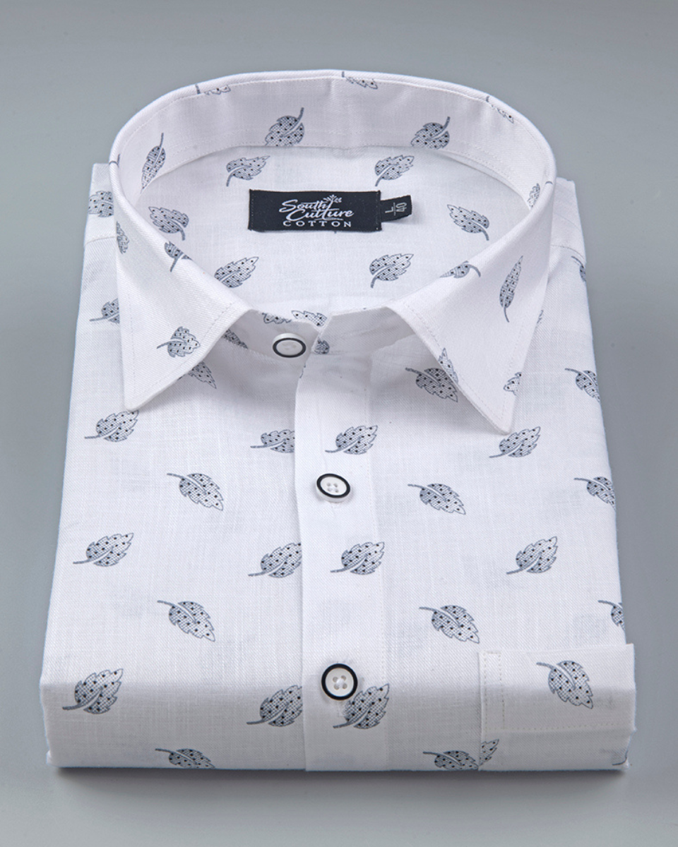White Cotton Shirt with Elegant Grey Leaf Print Men's Shirt