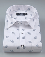 White Cotton Shirt with Elegant Grey Leaf Print Men's Shirt