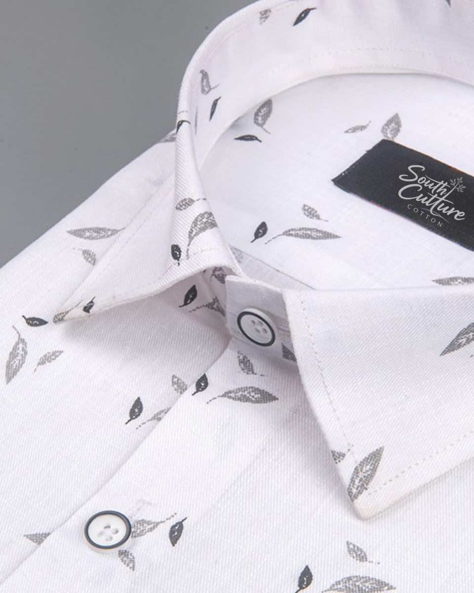Turkey Linen White with Grey Leaf Print