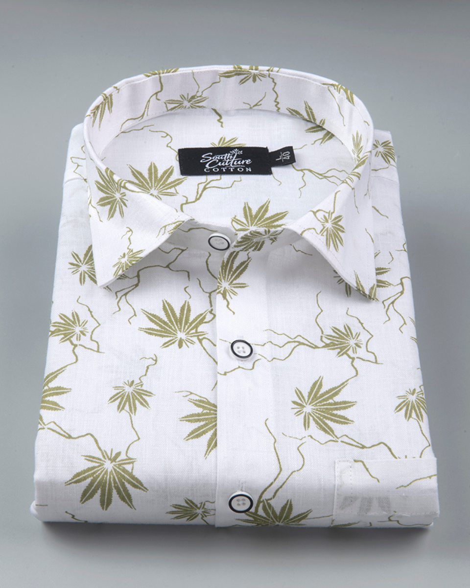 White Cotton Shirt with Olive Palm Leaf Print Men's Shirt