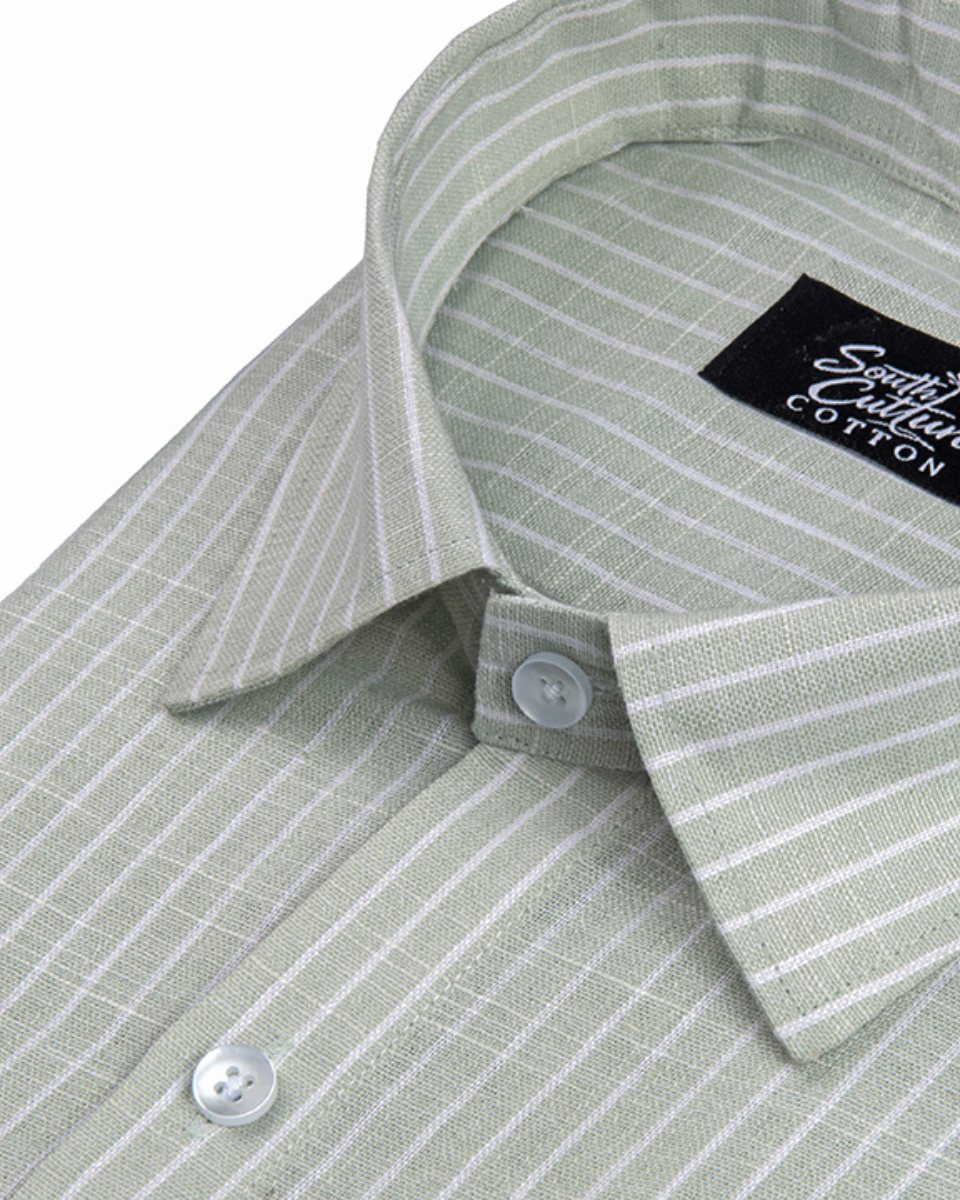 Pistachio Green Colour Cotton Shirt With Fine White Stripe