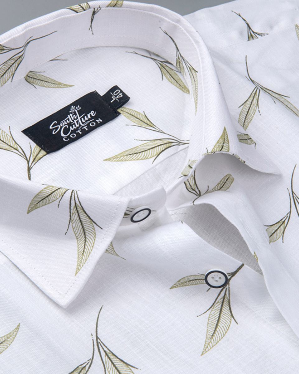 White Cotton Olive Leaf Print Men's Shirt