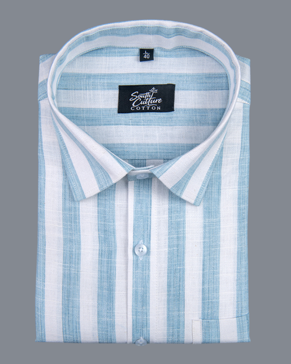 Linen Stripe Sky Blue with White Men Shirt