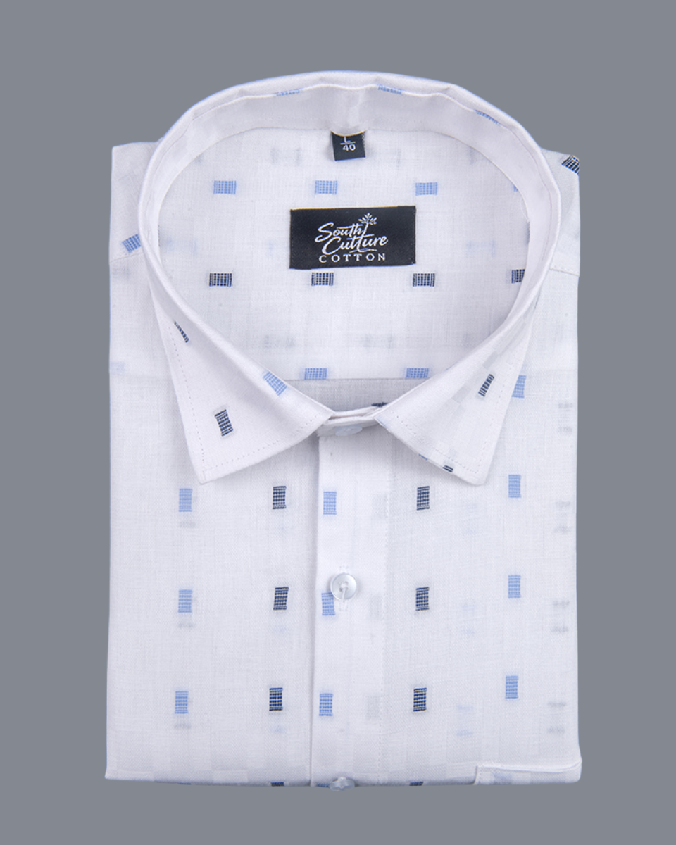 Linen Butta Mini Box Print Sky Blue Men Shirt