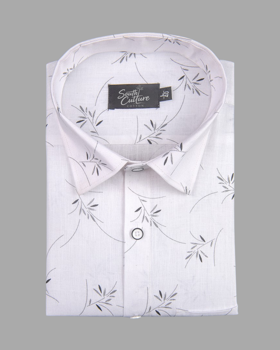 Turkey Linen White with Gray Zen Leaf Print