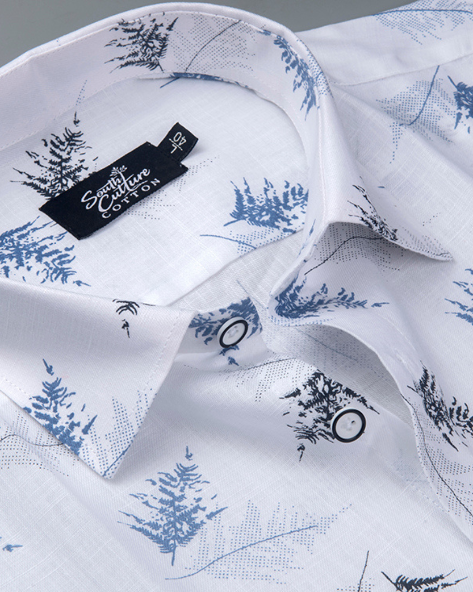 White Cotton Shirt with Blue and Black Fern Print Men's Shirt