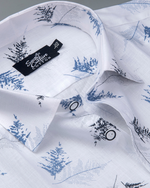 White Cotton Shirt with Blue and Black Fern Print Men's Shirt