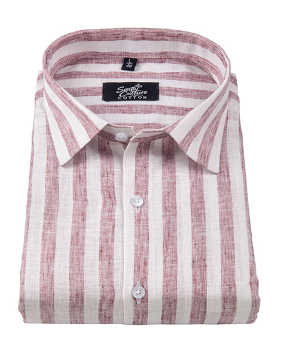 Linen White Pink Colour Patta Print Shirt For Men
