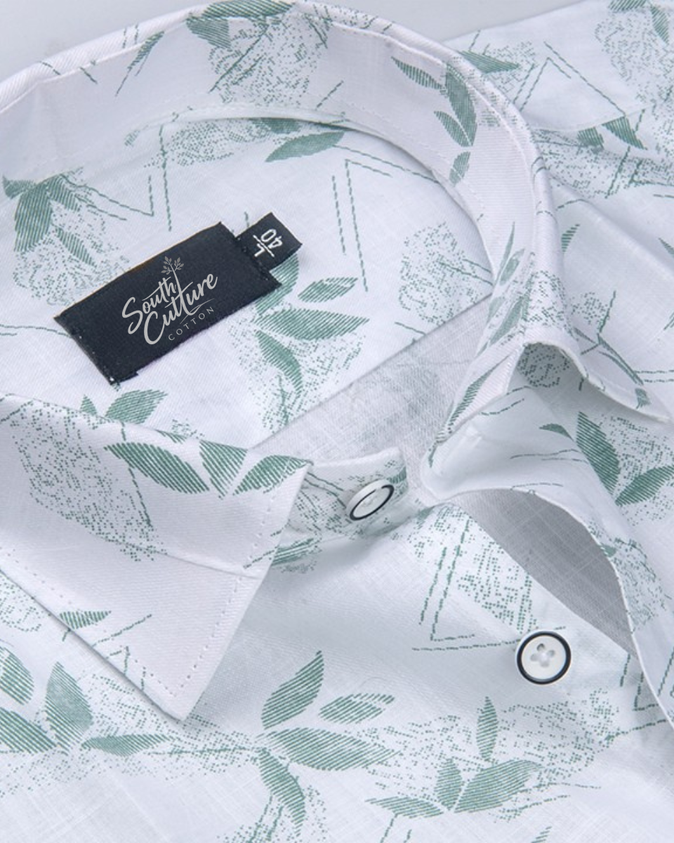 Turkey Linen in White with Sage Green Leaf Print