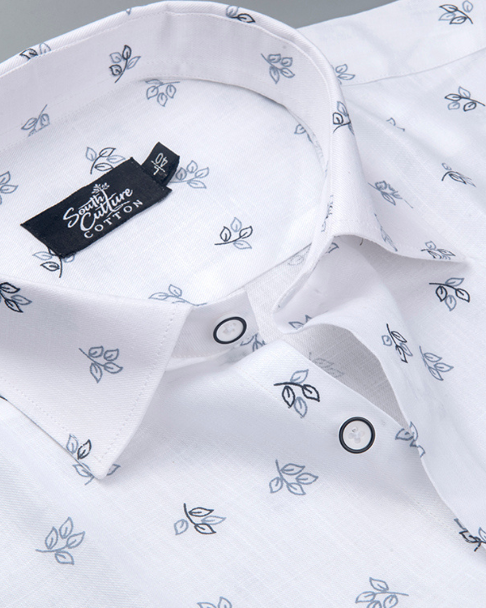 White Cotton Shirt with Small Navy Blue Leaf Print Men's Shirt