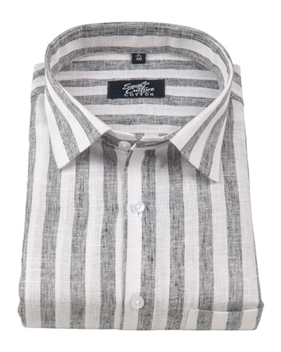 Linen White With Grey Colour Patta Print Shirt For Men
