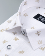 White Cotton Shirt with Small Golden Leaf Print Men's Shirt