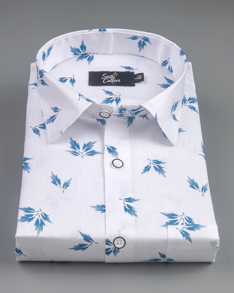 Turkey Linen White with Sky Leaf Print