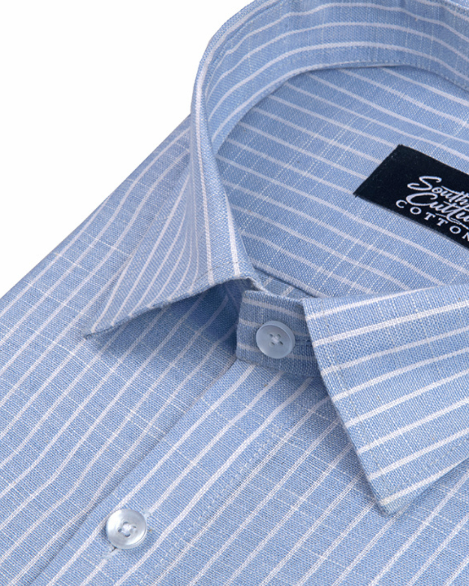 Light Sky Blue Cotton Shirt With Fine White Stripe Men Shirt