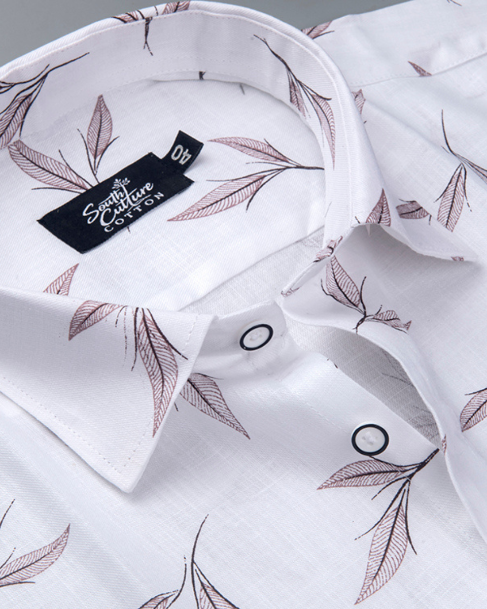 White Cotton Shirt With Brown Leaf Print Men's Shirt