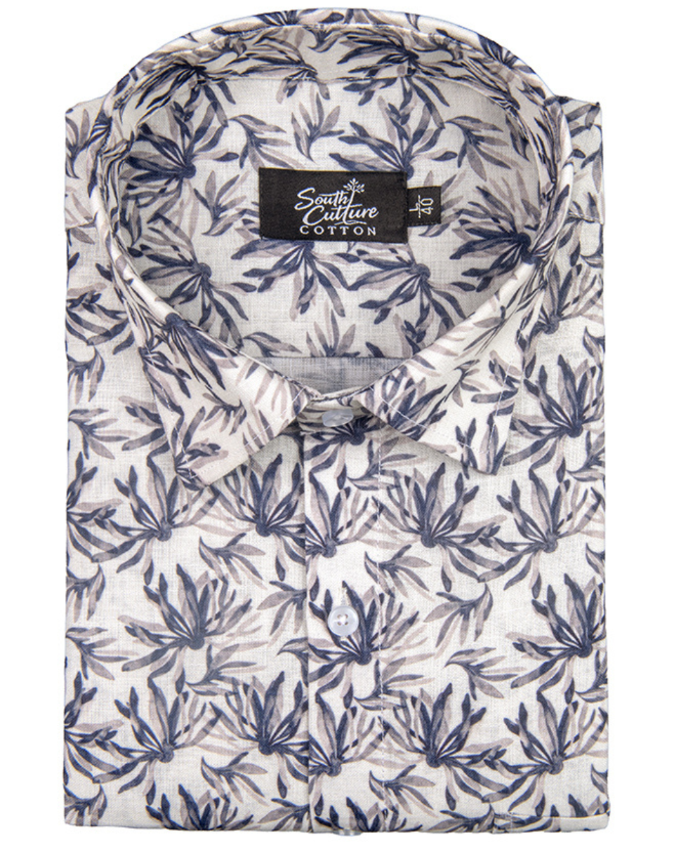 Italian Linen Midnight Leaf Print Cream with Gray Mix