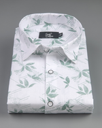 Turkey Linen in White with Sage Green Leaf Print